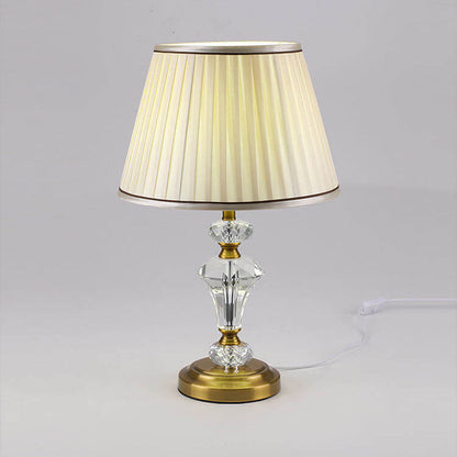 European Vintage Crystal Pillar Base Fabric 1-Light Table Lamp