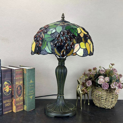 Traditional Tiffany Metal Glass Dome Grape Flower Dragonfly Butterfly 1-Light Table Lamp For Bedside