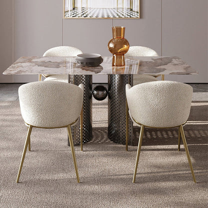 Contemporary Luxury Round Lambswool Carbon Steel Legs Dining Chair Backrest Armrest For Dining Room