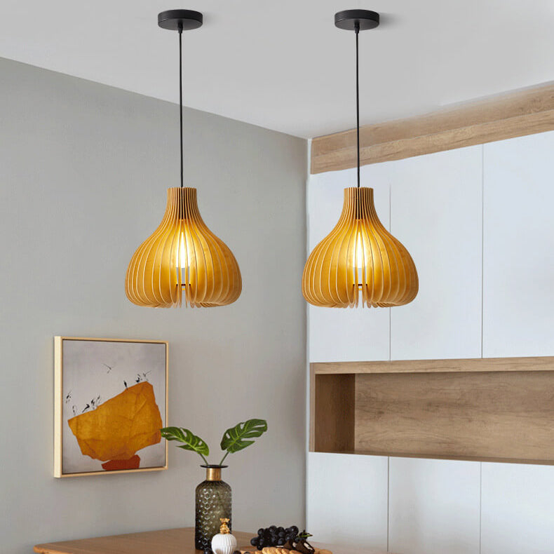 Traditional Solid Wood Sydney Shaped Hollow Japanese 1-Light Pendant Light