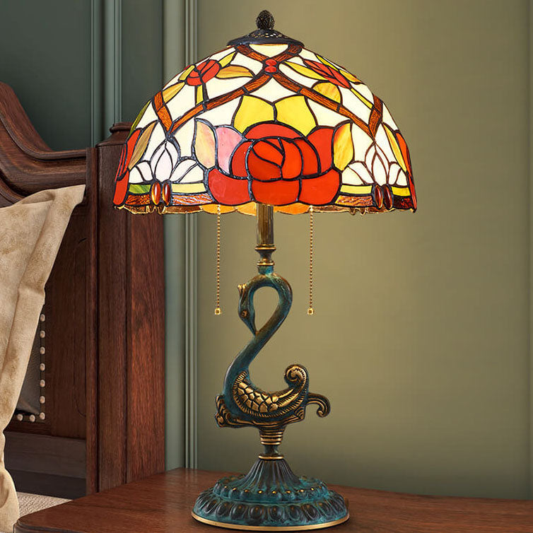 European Luxury Stained Glass Swan Base Copper 2-Light Table Lamp