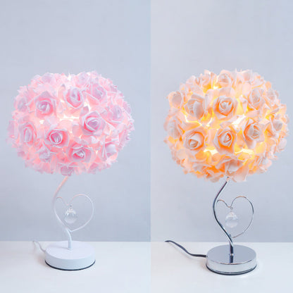 Modern Art Deco Fabric Rose Flower Hardware Base 1-Light Table Lamp For Bedroom