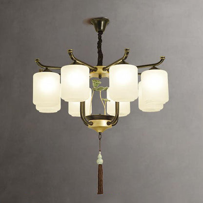 Traditional Chinese Iron Frame Cylinder Glass Shade 6/8/10/12-Light Chandelier For Living Room