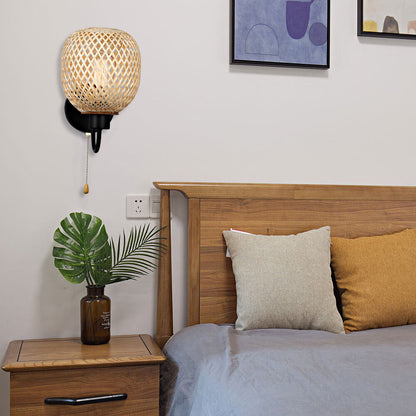 Traditional Chinese Iron Bamboo Woven Cage 1-Light Wall Sconce Lamp For Living Room