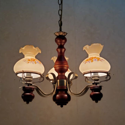 Traditional Rustic Candelabra Round Flower Iron Solid Wood 3-Light Chandelier For Living Room