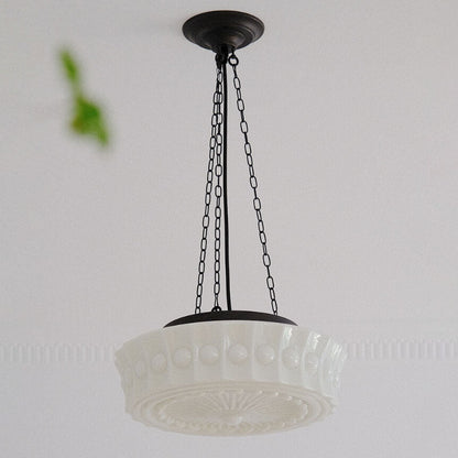 French Vintage White Jade Glass Stripes Round Drum LED Semi-Flush Mount Ceiling Light