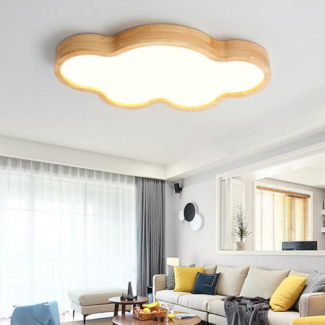 Scandinavian Modern Minimalist Clouds Stars Rubber Wood Acrylic LED Flush Mount Ceiling Light