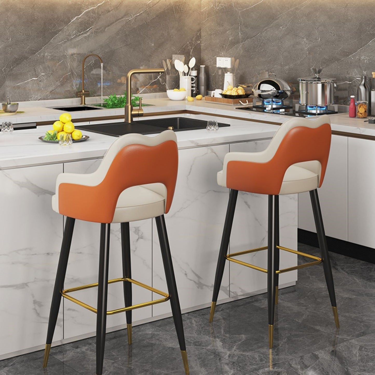 Modern Minimalist Square Wave Backrest Artificial Leather Carbon Steel Bar Stool Armrest For Dining Room