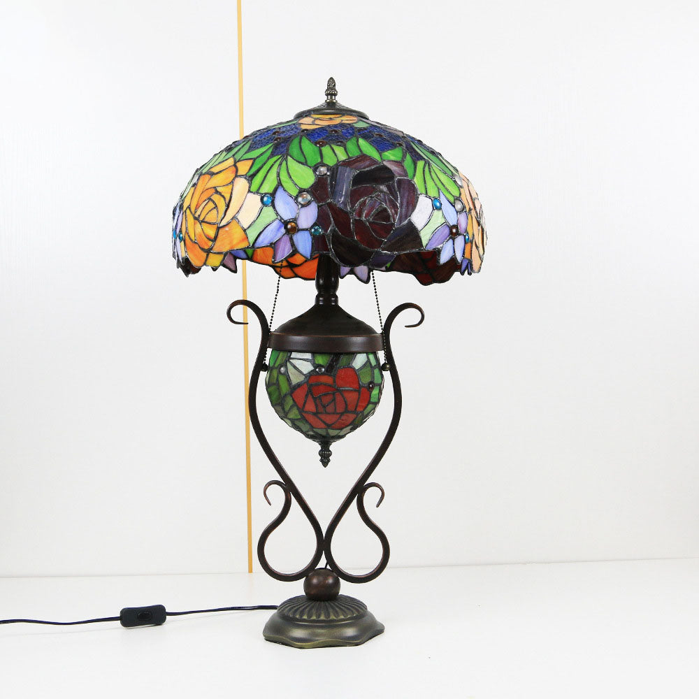 Tiffany European Vintage Floral Stained Glass Round Pot 3-Light Table Lamp