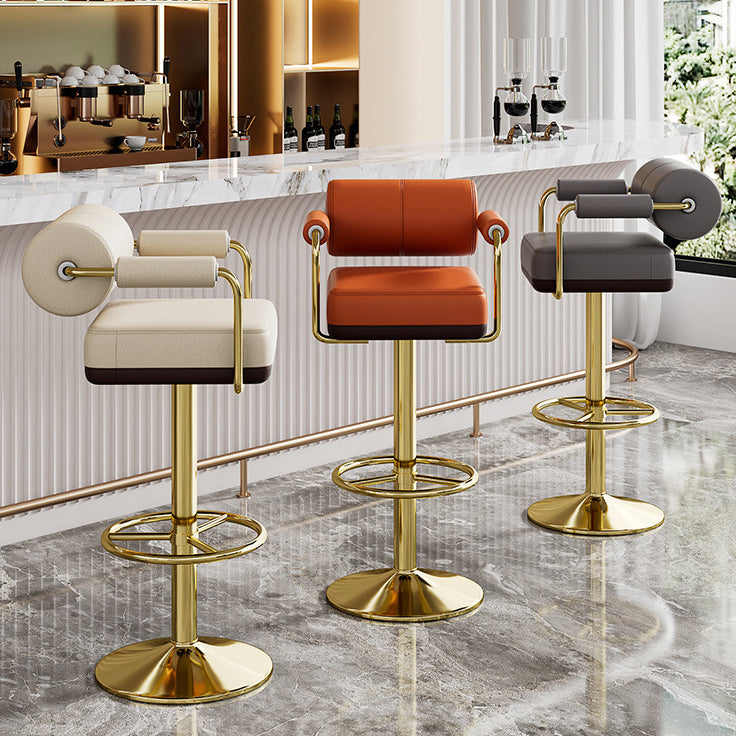 Modern Luxury Square Cylindrical Artificial Leather Metal Bar Stool Backrest Armrest For Dining Room