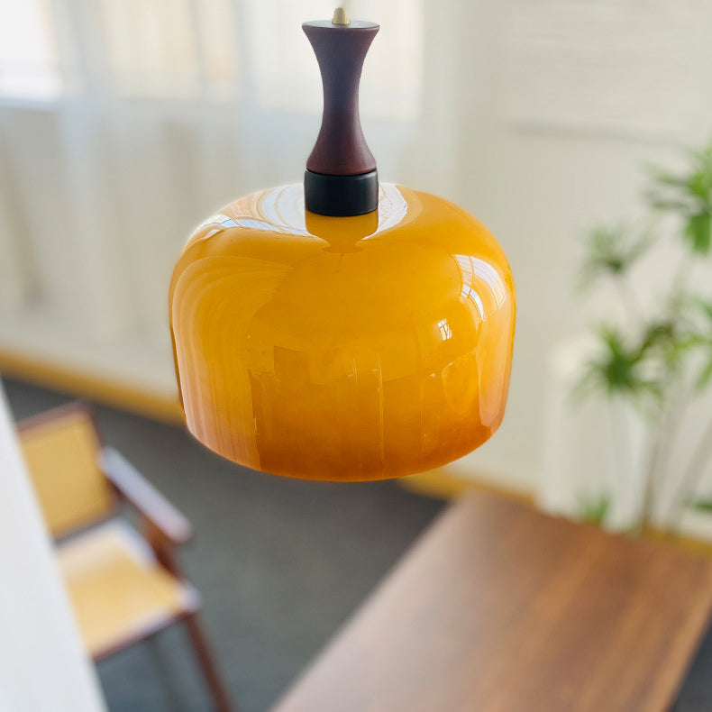 Traditional Vintage Wooden Glass Round Cylinder 1-Light Pendant Light For Living Room