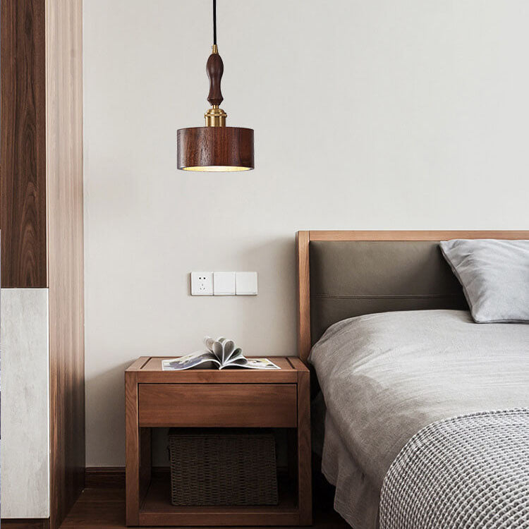 Japanese Brass Walnut Drum 1-Light Pendant Light