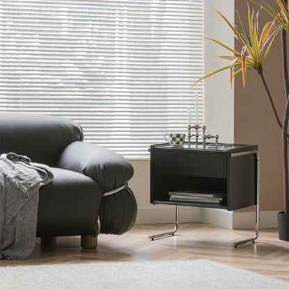 Contemporary Scandinavian Rectangular Solid Wood Stainless Steel Glass Nightstand 1-Drawer For Bedroom