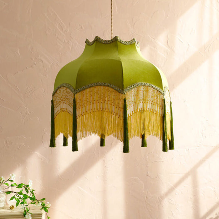 French Vintage Fabric Tassel Lampshade Brass 1-Light Pendant Light