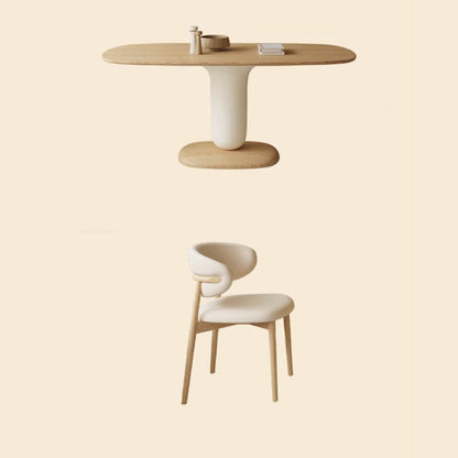 Traditional Japanese Elliptical Ash Wood Oaken Faux Leather Dining Table & Chair Set For 4/6 Seats