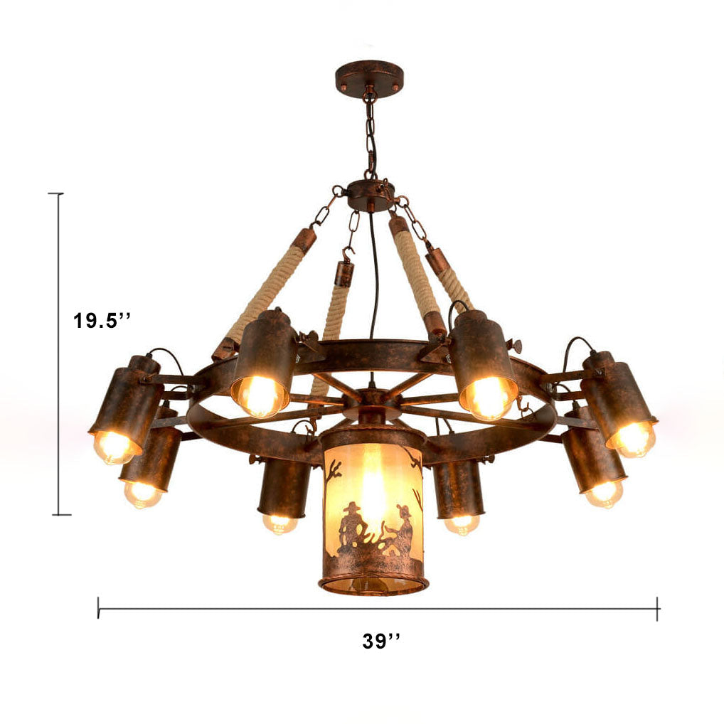 Industrial Rust 9-Light Camp Fire Pattern Wheel Chandeliers