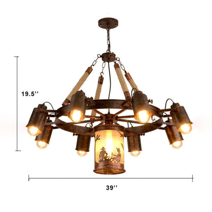 Industrial Rust 9-Light Camp Fire Pattern Wheel Chandeliers