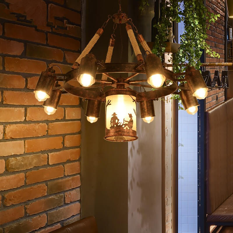 Industrial Rust 9-Light Camp Fire Pattern Wheel Chandeliers