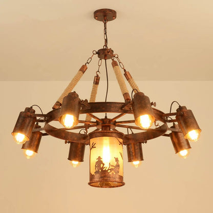 Industrial Rust 9-Light Camp Fire Pattern Wheel Chandeliers