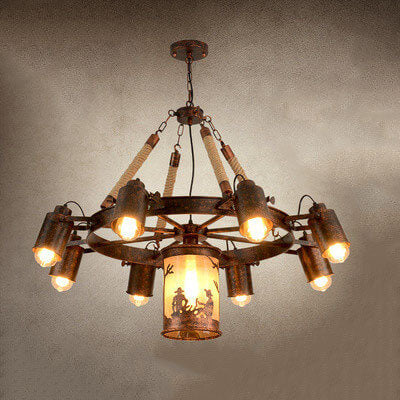 Industrial Rust 9-Light Camp Fire Pattern Wheel Chandeliers