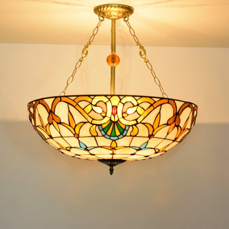 Tiffany Baroque Stained Glass Gold Brilliant 5-Light Chandelier