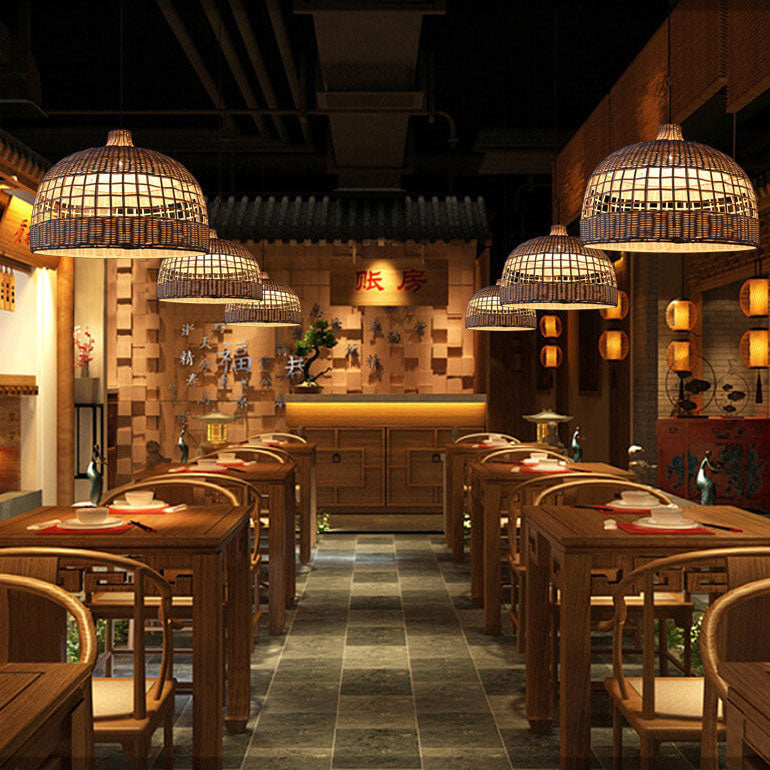 Vintage Rattan Weaving 1-Light Dome Pendant Light