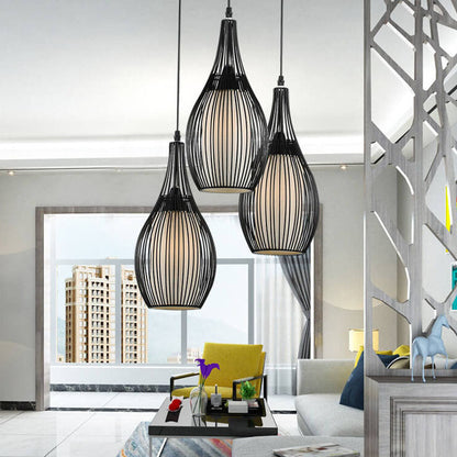 Vintage Iron Black Teardrop Shaped Hanging 3-Light Chandeliers