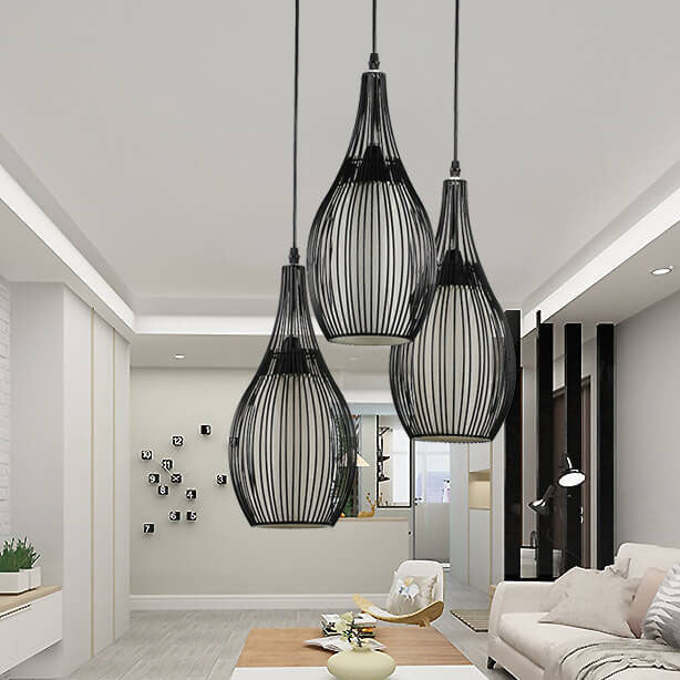 Vintage Iron Black Teardrop Shaped Hanging 3-Light Chandeliers