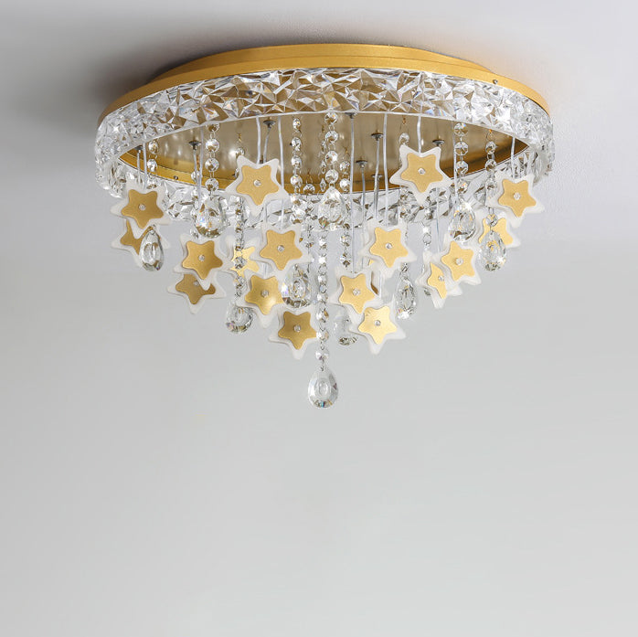 Contemporary Nordic Kids Iron Acrylic Crystal Round Star Pendant LED Flush Mount Ceiling Light For Bedroom