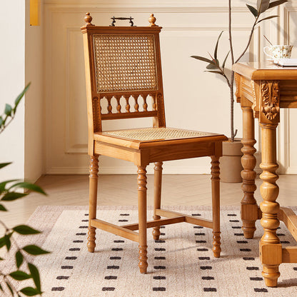 Traditional Vintage Square Wood Rattan Chair Backrest Armless For Dining Room