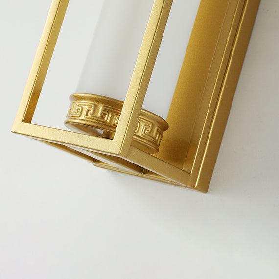 Traditional Chinese Iron Glass Rectangular Cylinder 2-Light Wall Sconce Lamp For Living Room