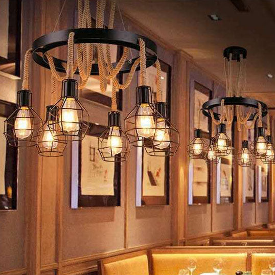 Traditional Rustic Hemp Rope Weaving Iron Cage 6/8-Light Chandelier For Dining Room