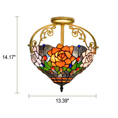 Tiffany European Stained Glass Rose Design 2-Light Semi-Flush Mount Light