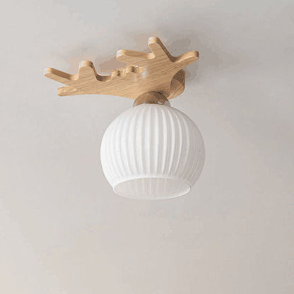 Nordic Simple Solid Wood Antler Glass Dome 1-Light Semi-Flush Mount Ceiling Light
