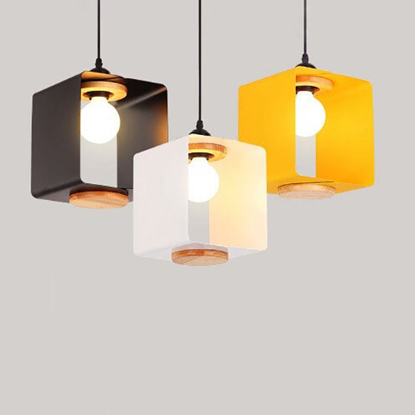 Nordic Creative Iron Solid Wood Square Geometry 1-Light Pendant Light