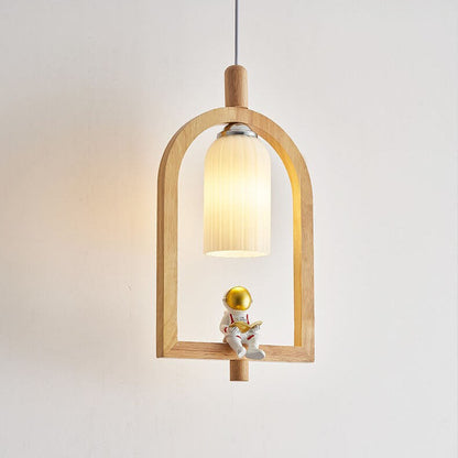 Japanese Creative Wood Frame Resin Astronaut 1-Light Pendant Light