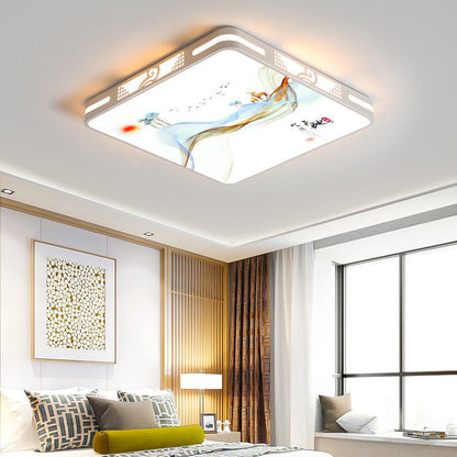 Traditional Chinese Iron Acrylic Round Square Rectangular Landscape Painting LED Flush Mount Ceiling Light For Living Room