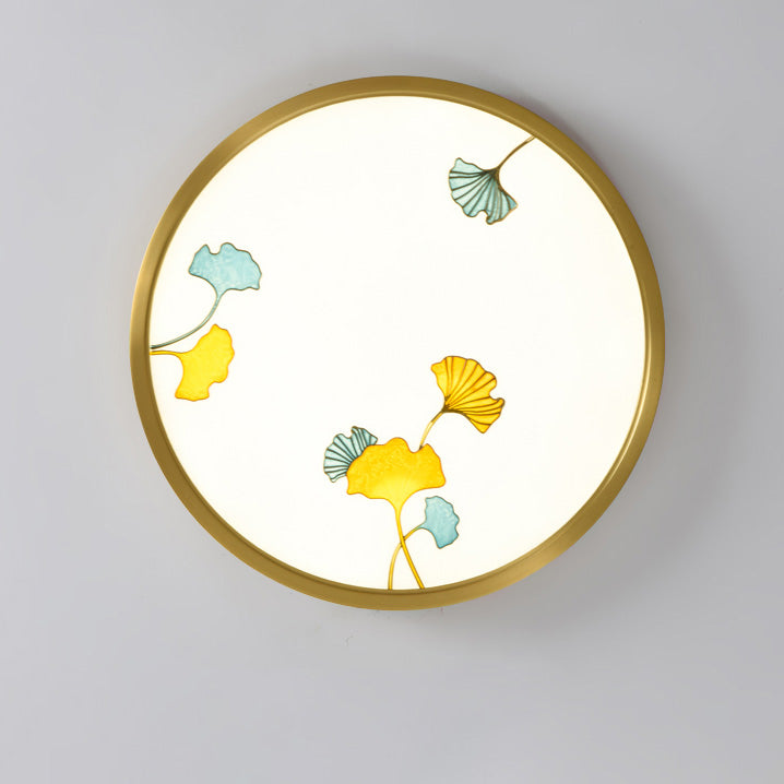 Traditional Chinese Copper Acrylic Round Lotus Bamboo Ginkgo Leaves LED Flush Mount Ceiling Light For Living Room