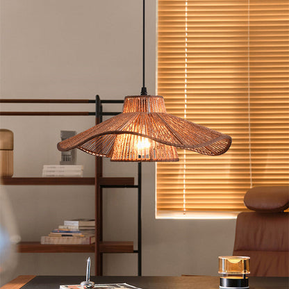 Traditional Vintage Weaving Iron Paper Rope Hat Cylinder 1-Light Pendant Light For Dining Room