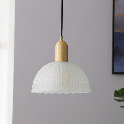 Traditional Japanese Wood Brass Glass Hemispheroid Flower 1-Light Pendant Light For Dining Room
