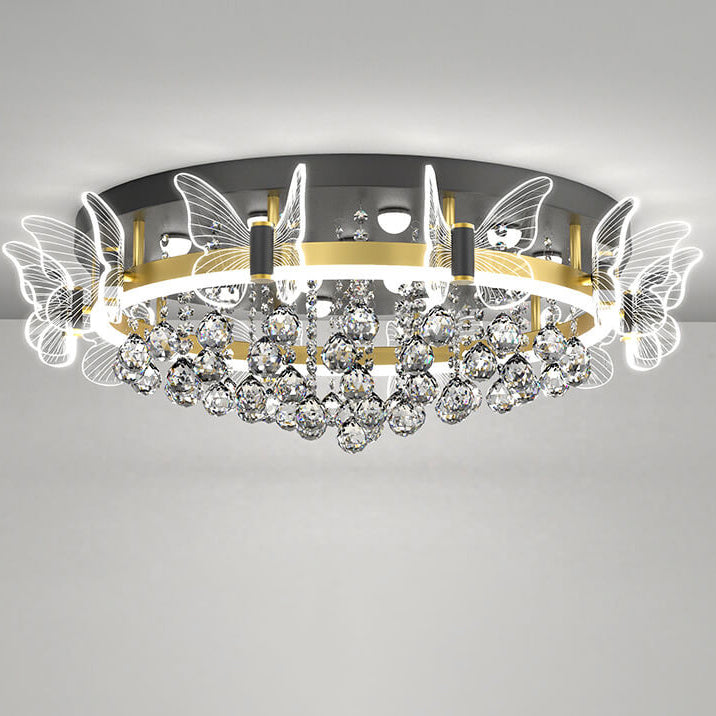 Modern Luxury Radiant Crystal Strings Butterfly Embellishment Round Shade LED Flush Mount Ceiling Light For Living Room