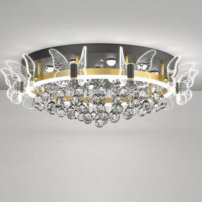Modern Luxury Radiant Crystal Strings Butterfly Embellishment Round Shade LED Flush Mount Ceiling Light For Living Room