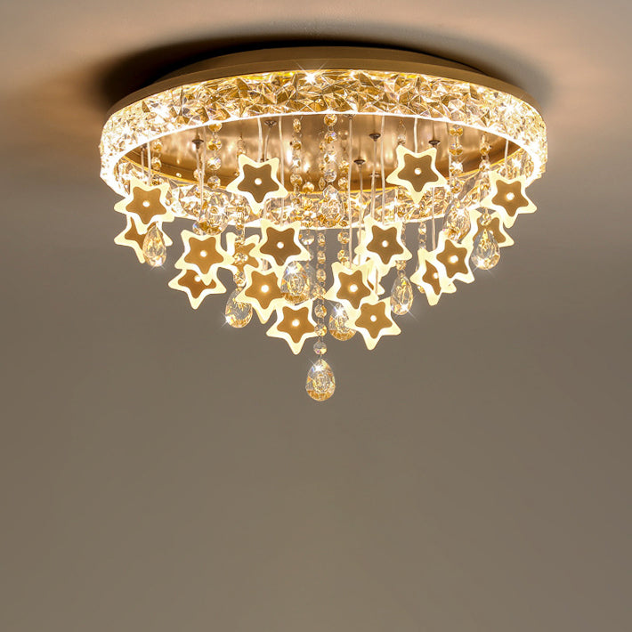 Contemporary Nordic Kids Iron Acrylic Crystal Round Star Pendant LED Flush Mount Ceiling Light For Bedroom