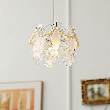 Traditional French Feather Pearl Petal Hardware Glass 1-Light Pendant Light For Bedroom