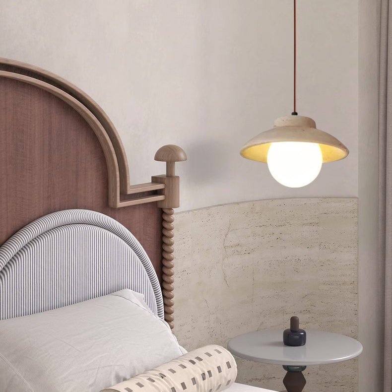 Traditional Vintage Bowl Shape Wood Natural Stone 1-Light Pendant Light For Bedroom