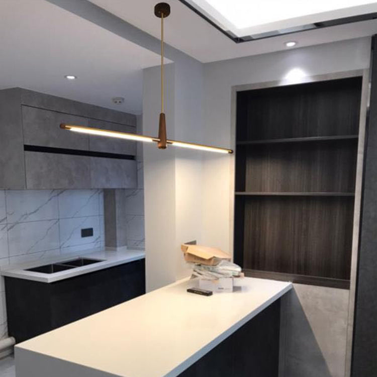 Contemporary Scandinavian Copper Brass Wood Strip LED Kitchen Island Light Chandelier For Dining Room