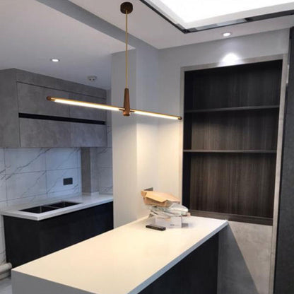 Contemporary Scandinavian Copper Brass Wood Strip LED Kitchen Island Light Chandelier For Dining Room