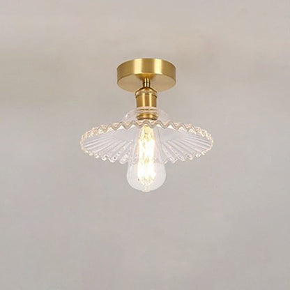 Japanese Vintage Glass Brass Lotus 1-Light Semi-Flush Mount Ceiling Light