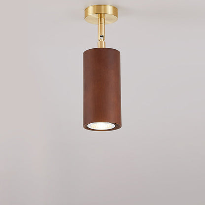Traditional Chinese Cylinder Iron Wood LED Spotlight Semi-Flush Mount Ceiling Light For Living Room