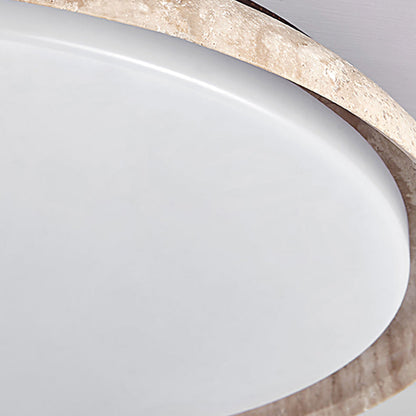 Traditional Japanese Round Disc Style Travertine Solid Wood Acrylic LED Flush Mount Ceiling Light For Bedroom